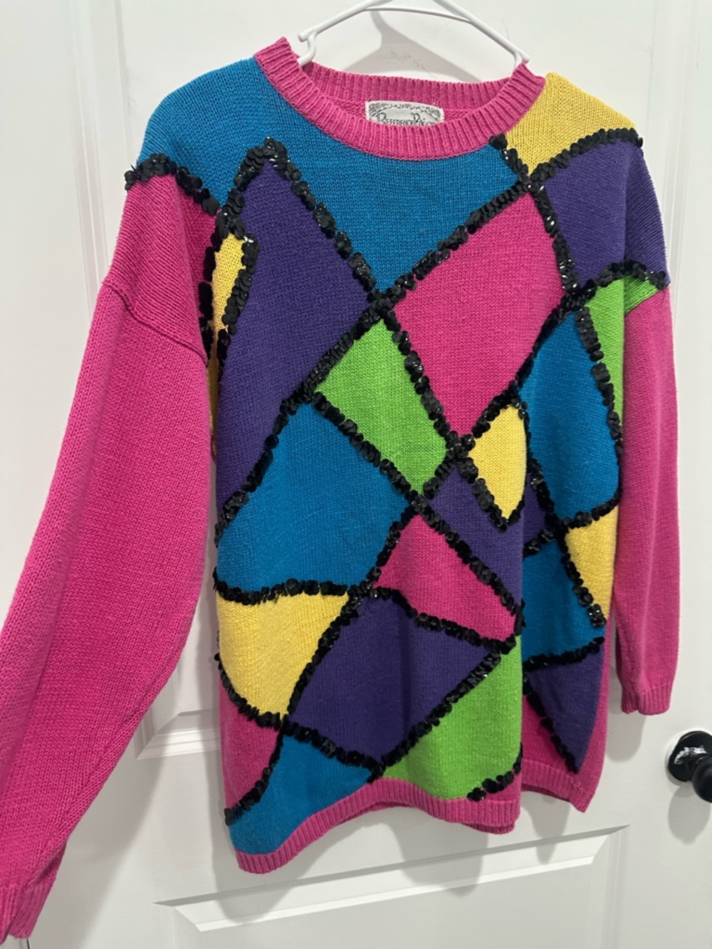 VTG 1980s Reference Point Colorblock Sequin Diamond Crewneck Sweater SZ L